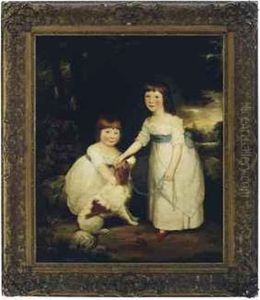 Portrait Of Two Young Sisters With A Dog In A Landscape by Sir William Beechey