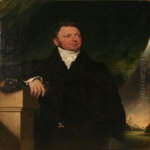 Portrait Of A Gentleman In A 
Black Jacket With One Handresting On The Bible, In The Background A 
Church