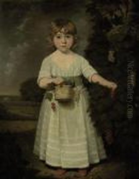 Portrait Of A Young Girl,
Full-length, In A White Dress With A Bluesash, A Basket With Grapes In
Her Right Hand, In A Landscape - view 1