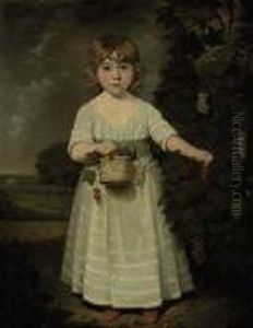 Portrait Of A Young Girl, 
Full-length, In A White Dress With A Bluesash, A Basket With Grapes In 
Her Right Hand, In A Landscape