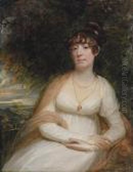 Portrait Of Josephine Sophia
Newton, Lady Cooper, Three-quarter-length, Seated, In A White Gown, With
A Shawl And Pendant Brooch, A Landscape Beyond - view 1
