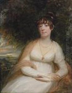 Portrait Of Josephine Sophia 
Newton, Lady Cooper, Three-quarter-length, Seated, In A White Gown, With
 A Shawl And Pendant Brooch, A Landscape Beyond