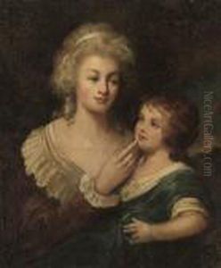Portrait Of A Mother And Child,
Half-length, The Former In A Reddress, The Latter In A Blue Dress, In A
Landscape by Sir William Beechey