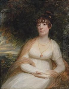 Portrait Of Josephine Sophia 
Newton, Lady Cooper,three-quarter-length, Seated, In A White Gown, With A
 Shawl Andpendant Brooch, A Landscape Beyond