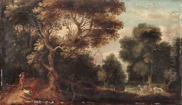 A wooded river landscape with a traveller and a dog on a path, cattle watering and figures resting, a church beyond - view 1