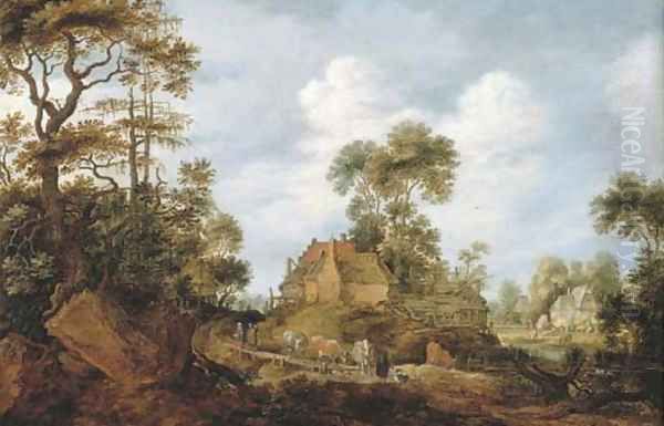 A herdsman driving cattle to water and travellers on a road, a village beyond - view 1