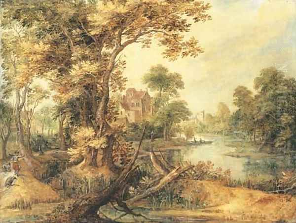 A wooded river landscape with a huntsman on a track, a village beyond - view 1