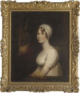 Portrait Of Miss Morley,
Three-quarter-length, In A White Dress And Yellow Glove, A Landscape
Beyond by Sir William Beechey