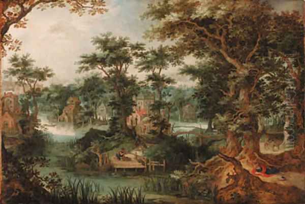 A town in a wooded river landscape with huntsmen and other figures - view 1