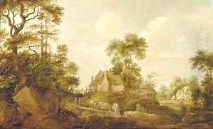 A wooded landscape with a drover and cattle on a track by Gillis Claesz. De Hondecoeter