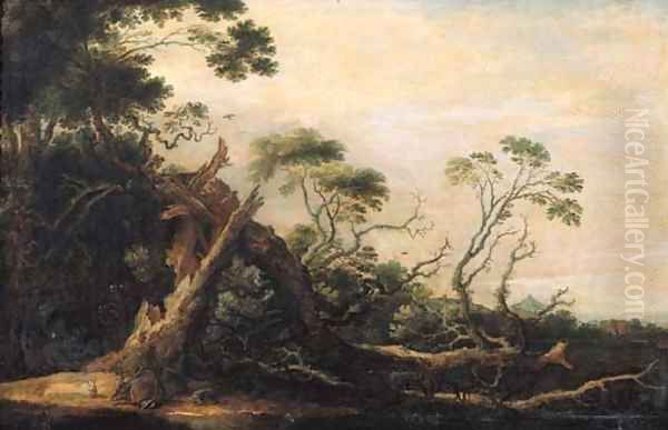 Stags and rabbits at the foot of a blasted tree in a landscape - view 1