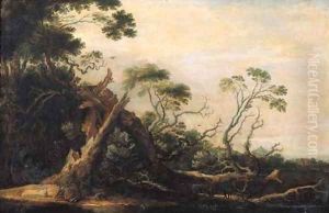 Stags and rabbits at the foot of a blasted tree in a landscape by Gillis Claesz. De Hondecoeter