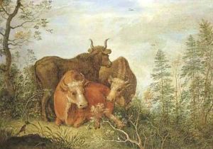 A wooded landscape with cattle in a clearing by Gillis Claesz. De Hondecoeter