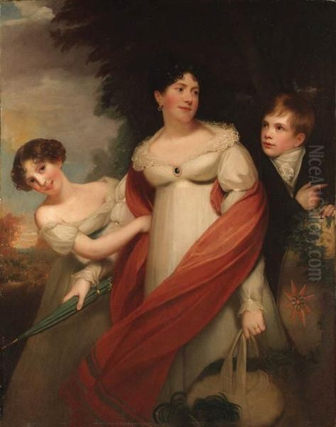 Portrait Of A Lady And Her
Children, Traditionally Identified Asthe Duchess Of Kent And Prince
Leiningen And Princess Feadora,three-quarter-length, The Former In A
White Dress And Red Shawl, Ina Wooded Landscape - view 1