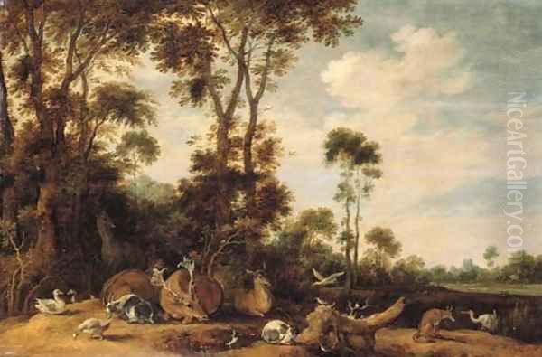 Deer, a goat, a cat, a fox and birds in a wooded landscape - view 1