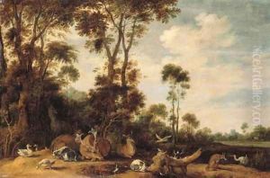 Deer, a goat, a cat, a fox and birds in a wooded landscape