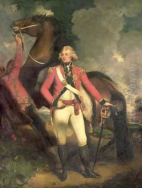 Portrait of HRH Frederick Augustus Duke of York in the uniform of the Colonel of the Coldstream Guards with charger held by a hussar - view 1