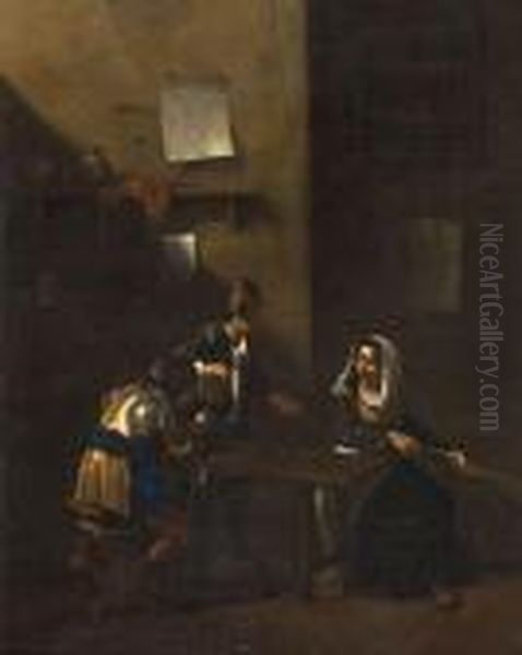 Scene De Taverne Avec Fumeur, Buveur Et Joueuse De Guitare - view 1