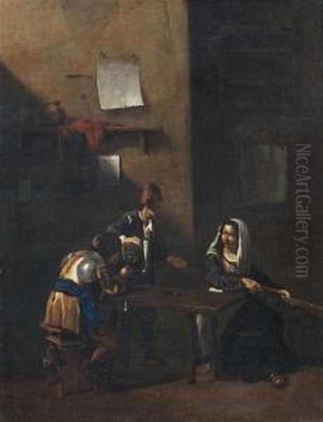 Tavern Interior With Peasants Smoking And Drinking And A Woman With A Guitar. - view 1