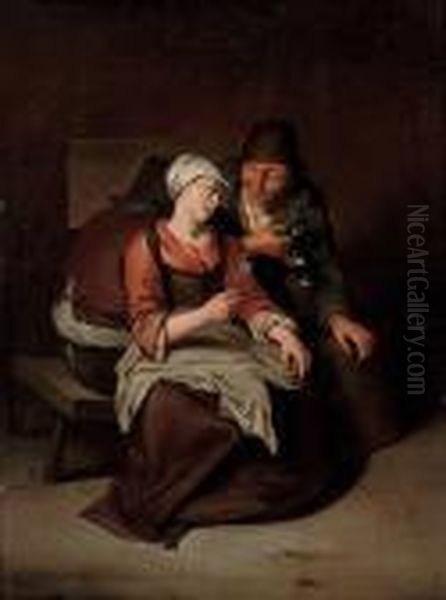 A Peasant Offering A Young Girl A Glass Of Wine, In Aninterior - view 1