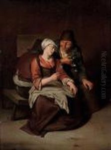 A Peasant Offering A Young Girl A Glass Of Wine, In Aninterior by Cornelis (Pietersz.) Bega