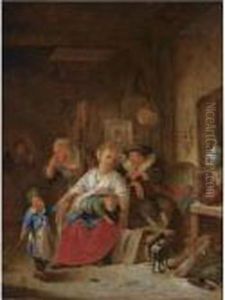 A Barn Interior With A Peasant Family by Cornelis (Pietersz.) Bega