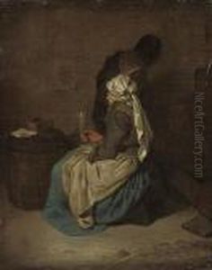 A Woman Seated Holding A Glass By A Barrel, A Man Behind, In Aninterior