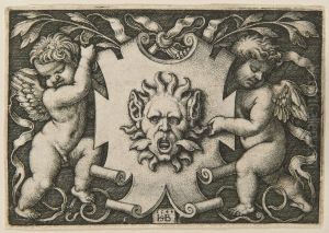 A Mask Held By Two Genii