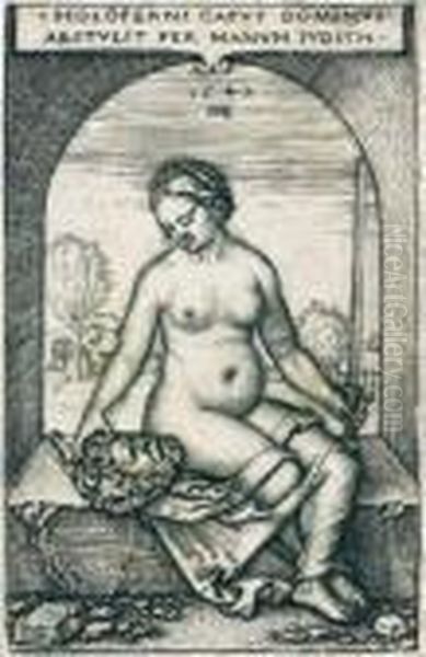 Judith Assise Sous Une Arche, 
Burin, 7,5 X 5 Cm, Coupe Au Trait Carre A Gauche Et Sur Le Coup De 
Planche Sur Trois Cotes (hollstein 13), Belle Epreuve, Trace De Pli Au 
Verso. - view 1