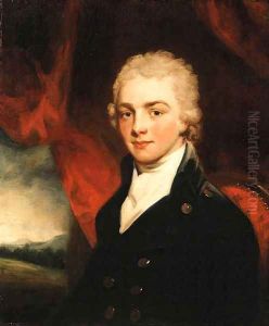 Portrait of a Gentleman, bust length, seated before a red curtain, a landscape beyond