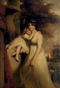 Portrait of Lady Mildmay, standing three-quarter-length, in a white dress, with her child, a landscape beyond by John Hoppner
