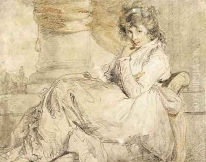 Study of an elegant young lady, traditionally identified as Emma Hamilton, seated on a chaise longue by John Hoppner