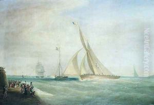 HMS Coquette and Falcon with Lord Yarborough on board and the Royal Yacht with King William on board off the Isle of Wight by William John Huggins