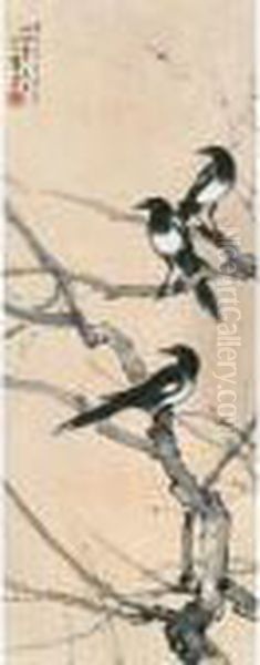 Magpies On The Blossom Branches - view 1