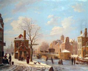 A Dutch Town Scene in Winter by Bartholomeus Johannes Van Hove