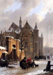 A Capricio View With Figures Leaving A Church In Winter by Bartholomeus Johannes Van Hove