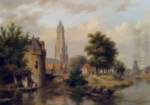 View Of A Riverside Dutch Town by Bartholomeus Johannes Van Hove