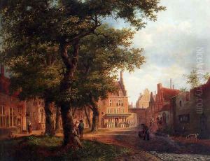 A Village Square With Villagers Conversing Under Trees by Bartholomeus Johannes Van Hove
