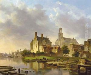 A riverside town by Bartholomeus Johannes Van Hove