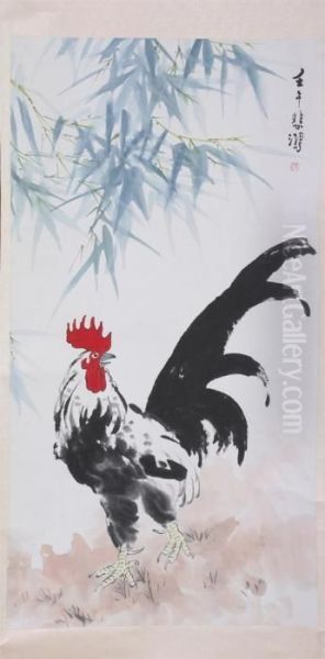 Rooster Under Bamboo Foliage - view 1