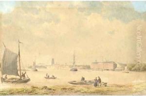 Shipping by a Dutch town by Bartholomeus Johannes Van Hove