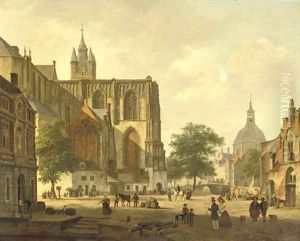 A busy Dutch city square in summer by Bartholomeus Johannes Van Hove