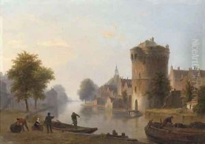 Figures by a Dutch canal by Bartholomeus Johannes Van Hove