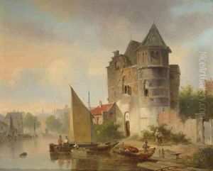 Villagers unloading cargo vessels on a river by a fortified mansion by Bartholomeus Johannes Van Hove