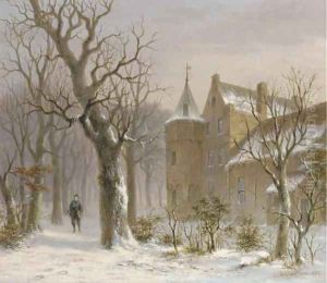 Sportsman in a snowy forest by a castle by Bartholomeus Johannes Van Hove