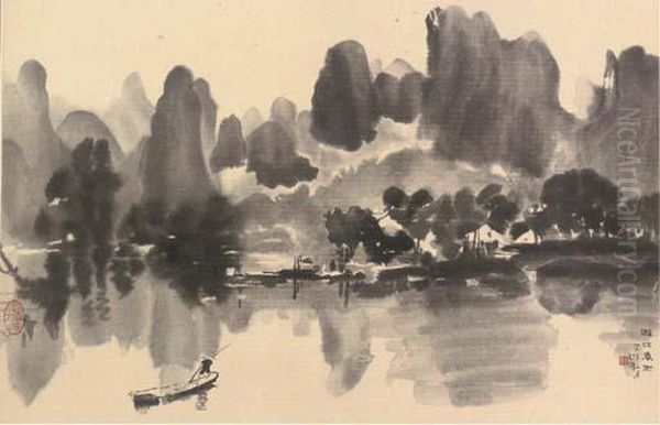 A Fisherman Fording A River - view 1