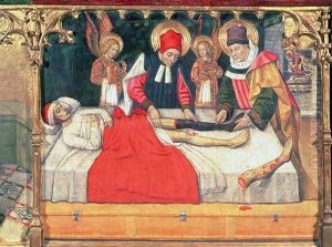 SS Cosmas and Damian graft the leg of a Black person onto the stump of deacon Justinian by Jaume Huguet