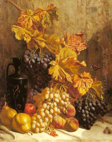 A Still Life with Grapes, Pears, Peaches, an Urn and a Butterfly by William Hughes