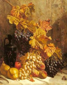 A Still Life with Grapes, Pears, Peaches, an Urn and a Butterfly by William Hughes