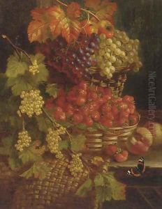 Grapes, strawberries, whitecurrants, peaches, and a red admiral butterfly, on a wooden ledge by William Hughes